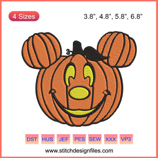 Pumpkin Mickey Embroidery Designs File, Halloween Machine Embroidery, Disney-themed stitching, festive fall decor pattern.