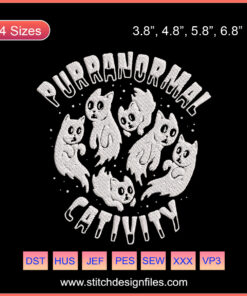"Purranormal Cativity Halloween Embroidery File: Spooky cat designs for embroidery machines, ideal for festive projects."