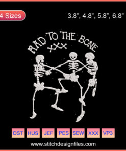 Skeleton embroidery designs, Halloween machine embroidery file, Rad To The Bone theme, spooky skeleton art for crafts.