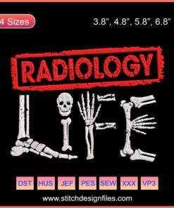 Halloween-themed Radiology Life Machine Embroidery Design featuring bones, pumpkins, and spooky motifs for festive sewing projects.