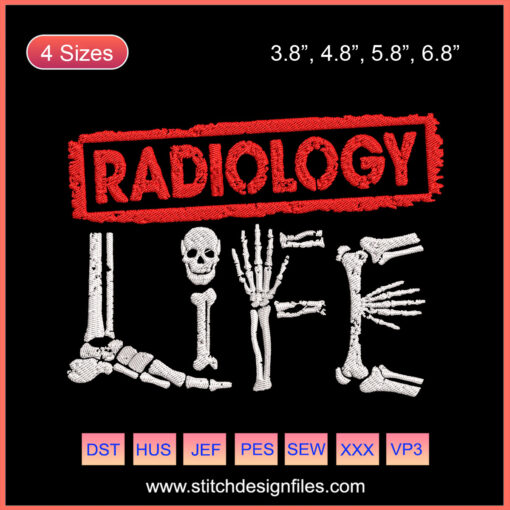 Halloween-themed Radiology Life Machine Embroidery Design featuring bones, pumpkins, and spooky motifs for festive sewing projects.