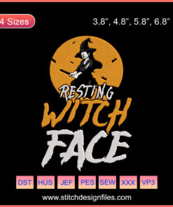 "Resting Witch Face" text in elegant embroidery design, perfect for Halloween crafting, machine embroidery file download.