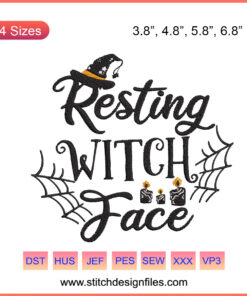 Resting Witch Face Embroidery Design File - Halloween Machine Embroidery, Witch Hat, Broomstick, Stars, DIY Craft Elements