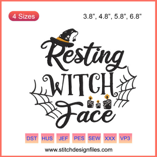 Resting Witch Face Embroidery Design File - Halloween Machine Embroidery, Witch Hat, Broomstick, Stars, DIY Craft Elements