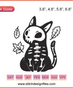 Skull cat embroidery design, Halloween machine embroidery file, skeleton feline motif, spooky digital embroidery art.
