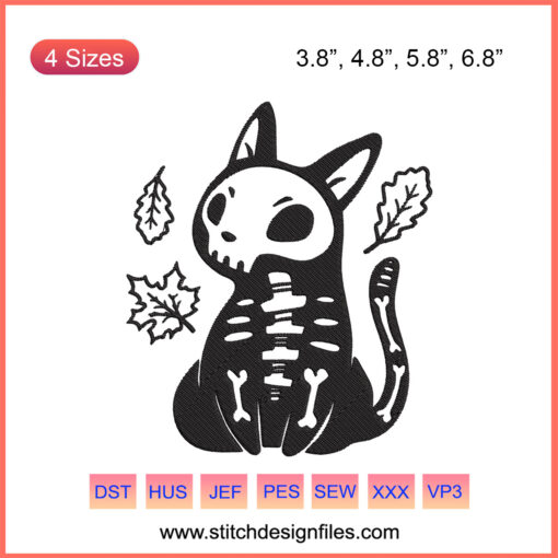 Skull cat embroidery design, Halloween machine embroidery file, skeleton feline motif, spooky digital embroidery art.