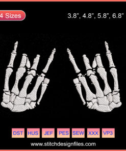 Skeleton Rocker Embroidery Designs File, featuring detailed Halloween skeleton with guitar design for machine embroidery projects.