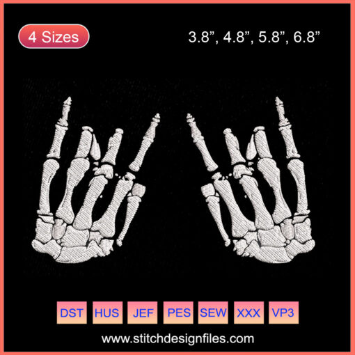 Skeleton Rocker Embroidery Designs File, featuring detailed Halloween skeleton with guitar design for machine embroidery projects.