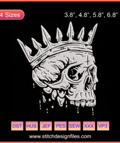 Skull King Embroidery Designs File, Halloween-themed machine embroidery with intricate skull patterns.