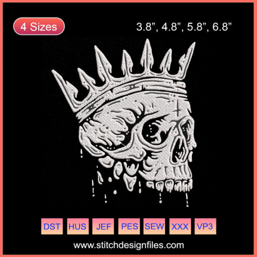Skull King Embroidery Designs File, Halloween-themed machine embroidery with intricate skull patterns.