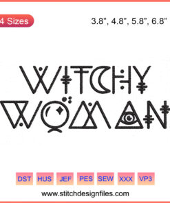 Witchy Woman Text Embroidery File, Halloween Design: Elegant script with broomstick and hat motifs for machine embroidery.