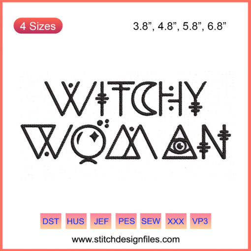 Witchy Woman Text Embroidery File, Halloween Design: Elegant script with broomstick and hat motifs for machine embroidery.
