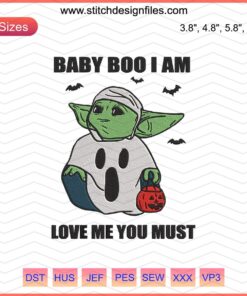 Baby Yoda Halloween Machine Embroidery Designs File: Cute Baby Yoda in Costume, Perfect for Fall DIY Projects and Crafts.