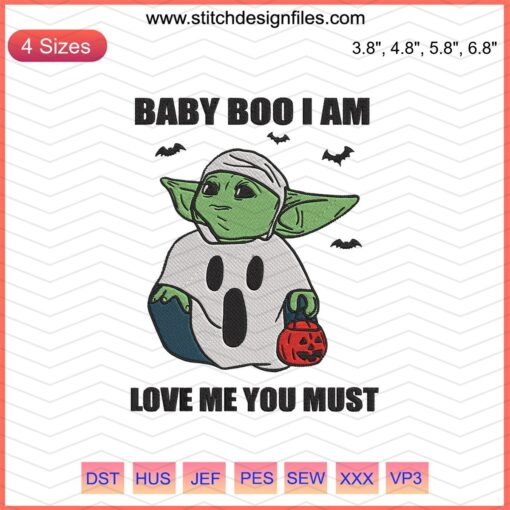 Baby Yoda Halloween Machine Embroidery Designs File: Cute Baby Yoda in Costume, Perfect for Fall DIY Projects and Crafts.