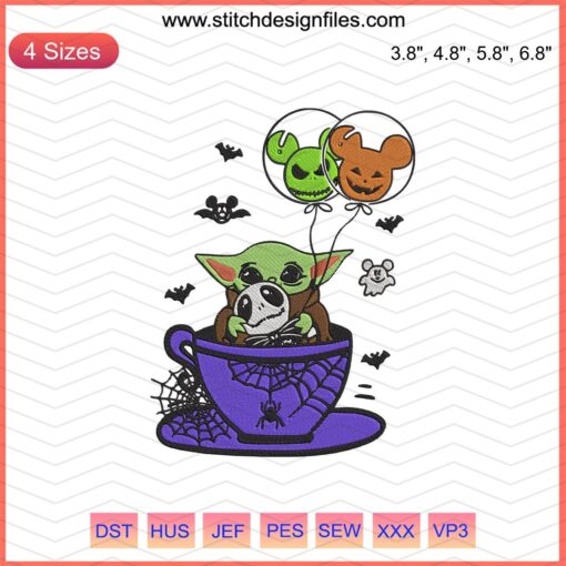 Baby Yoda Jack Skellington Halloween Embroidery Designs, spooky machine embroidery, cute Halloween stitching pattern.