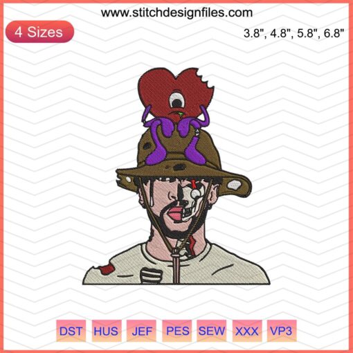 Bad Bunny Halloween Embroidery Designs, vibrant machine embroidery for festive crafting, spooky motifs, digital download.