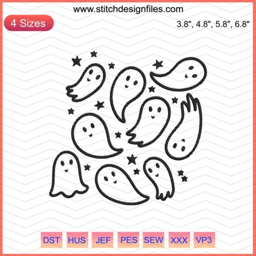 Cute ghost fly Halloween embroidery design; digital file for machine embroidery; playful spooky pattern.