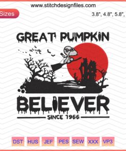 Vintage "Great Pumpkin Believer Since 1966" Halloween Embroidery Machine Design featuring classic pumpkin motif.