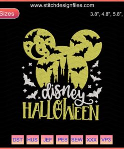 Disney Castle Halloween Night Embroidery Design: Spooky castle, pumpkins, bats, perfect for Halloween machine embroidery files.