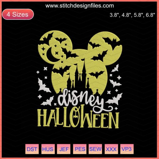 Disney Castle Halloween Night Embroidery Design: Spooky castle, pumpkins, bats, perfect for Halloween machine embroidery files.