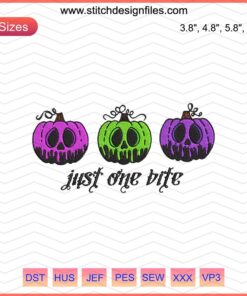 Halloween Pumpkin Just One Bite Embroidery Designs File, spooky machine embroidery pattern with jack-o-lantern theme.