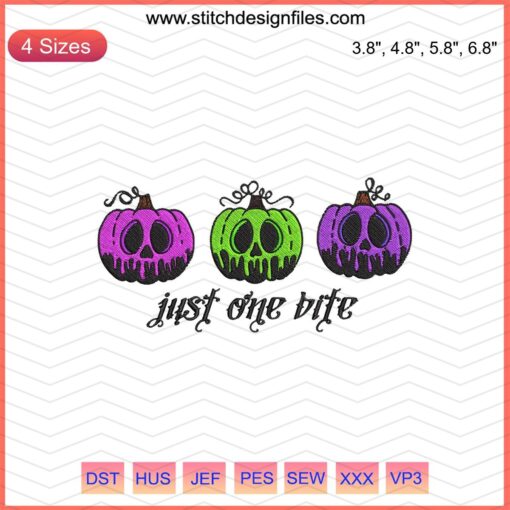 Halloween Pumpkin Just One Bite Embroidery Designs File, spooky machine embroidery pattern with jack-o-lantern theme.