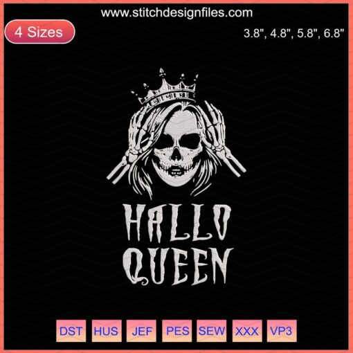 Hallo Queen Embroidery Designs File, Halloween-themed Machine Embroidery with Witch Hat, Pumpkin, and Spider Web Patterns.