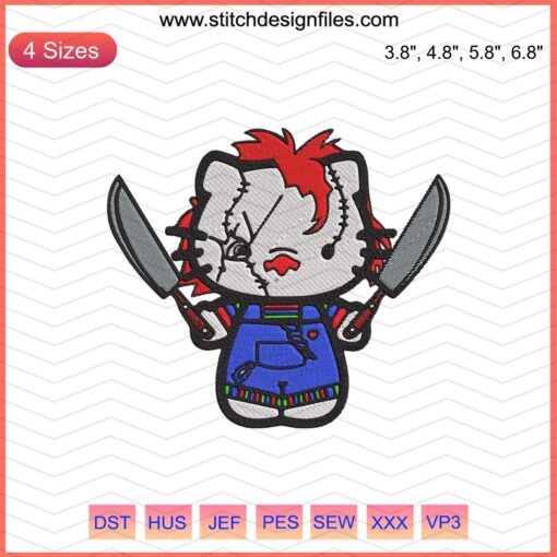 Hello Kitty Chucky Embroidery Design, Halloween Machine Embroidery Files, Cute Horror Stitch Pattern, Digital Download