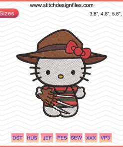 Hello Kitty Freddy Krueger Halloween Embroidery Designs File - Cute Horror Character Machine Embroidery Pattern