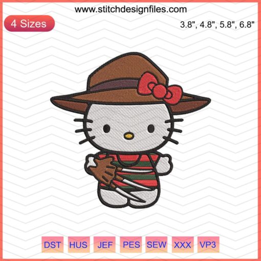 Hello Kitty Freddy Krueger Halloween Embroidery Designs File - Cute Horror Character Machine Embroidery Pattern