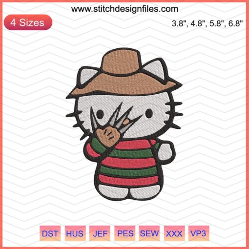 Hello Kitty Freddy Krueger Halloween Embroidery Design, Cute Machine Embroidery File for Creative Stitching Projects
