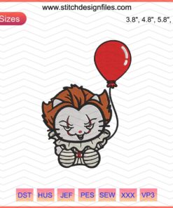 Hello Kitty Pennywise Halloween Embroidery Design File, Cute Horror Themed Machine Embroidery, Perfect for DIY Craft Projects.