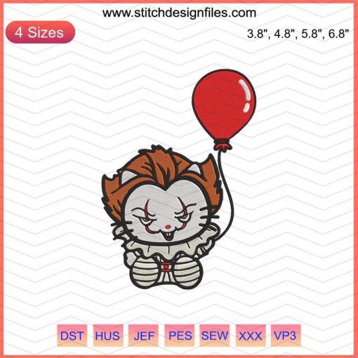 Hello Kitty Pennywise Halloween Embroidery Design File, Cute Horror Themed Machine Embroidery, Perfect for DIY Craft Projects.