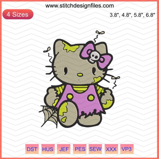 Hello Kitty Zombie Embroidery Design, Halloween Machine Embroidery File, Spooky Cute Character, Digital Pattern for Decor