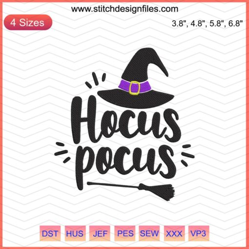 Digital Hocus Pocus witch hat embroidery design file for Halloween machine embroidery; DIY festive sewing project.