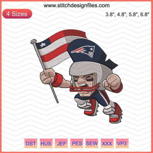Patriots flag player embroidery design file, New England Patriots machine embroidery, football sports logo pattern.