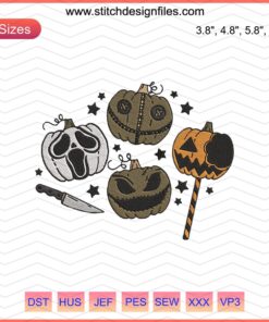 Horror pumpkin face embroidery design, Halloween machine embroidery pattern, spooky pumpkin stitch file.