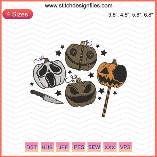 Horror pumpkin face embroidery design, Halloween machine embroidery pattern, spooky pumpkin stitch file.