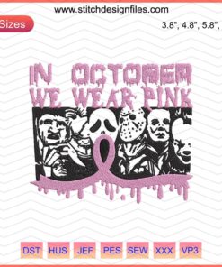 Horror Friends October Pink Embroidery Designs File - Halloween Machine Embroidery Patterns with Pink Ribbon Ghosts & Pumpkins