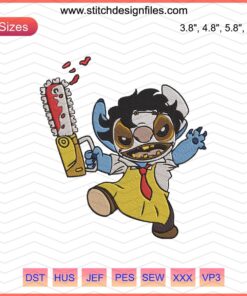 Leatherface Stitch humorous Halloween embroidery design, ideal for machine embroidery; scary cartoon cross-stitch pattern.