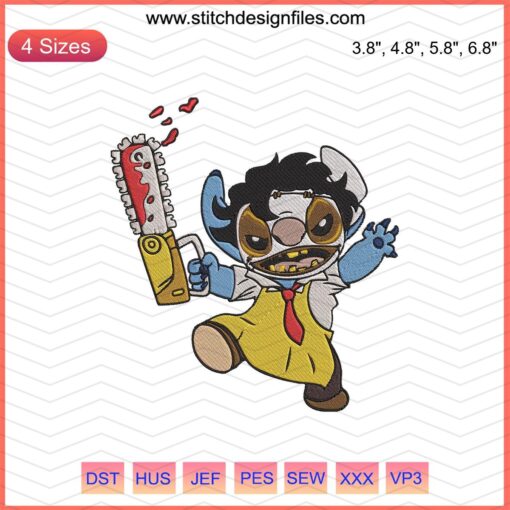 Leatherface Stitch humorous Halloween embroidery design, ideal for machine embroidery; scary cartoon cross-stitch pattern.