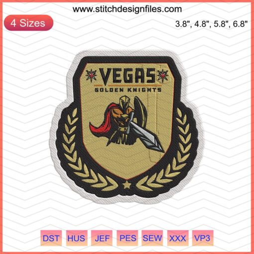 Vegas Golden Knights logo embroidery design, shield pattern, machine embroidery file for sports apparel customization.