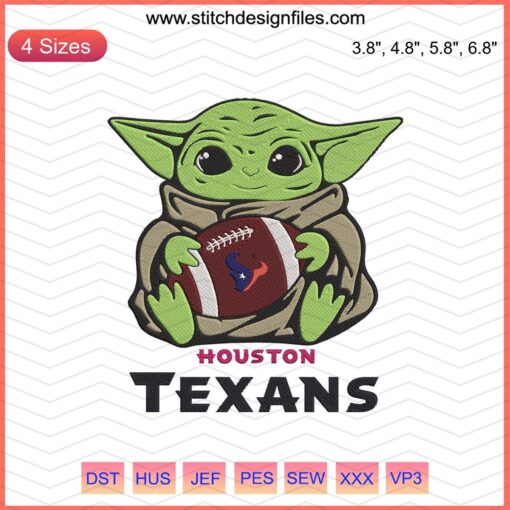 Baby Yoda with Houston Texans Machine Embroidery Design File featuring team logo and colors, perfect for NFL fans.