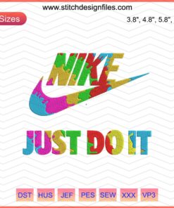 Nike Just Do It vibrant embroidery file, machine embroidery designs; colorful Nike logo patterns for custom clothing.