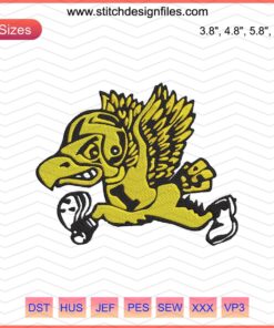 Yellow "Fight For Iowa" embroidery design file featuring a sports player silhouette. Machine embroidery patterns included.
