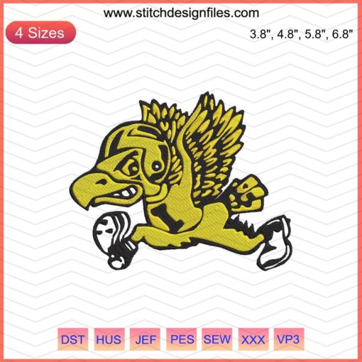 Yellow "Fight For Iowa" embroidery design file featuring a sports player silhouette. Machine embroidery patterns included.