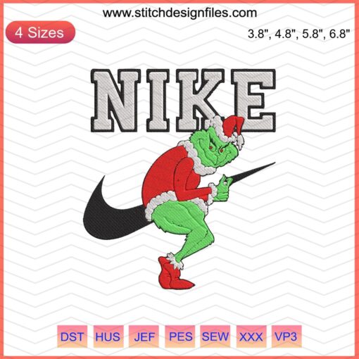 Nike x Grinch Christmas Embroidery File: Festive Machine Design with Grinch and Nike Logo, Perfect for Holiday Projects.