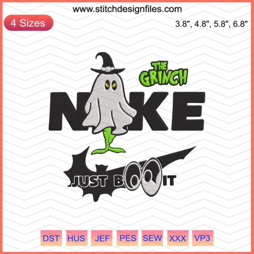 Grinch Nike Just Boo It Embroidery Design: Christmas-themed machine embroidery featuring the Grinch and Nike slogan.