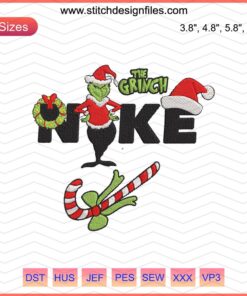 Grinch x Nike Christmas Embroidery Designs, festive machine embroidery patterns, holiday-themed stitching file.
