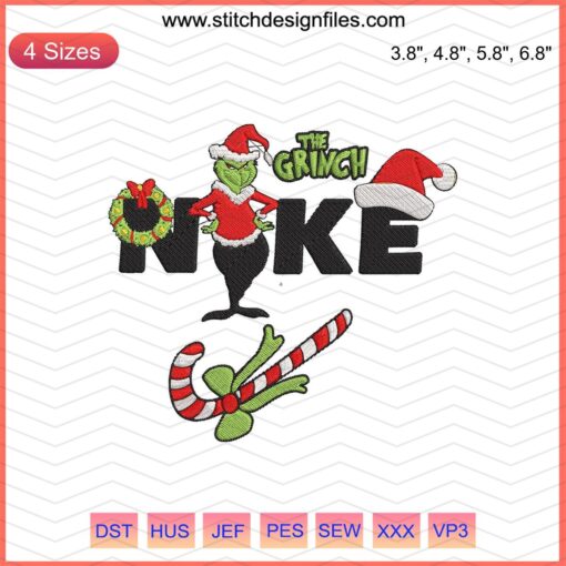 Grinch x Nike Christmas Embroidery Designs, festive machine embroidery patterns, holiday-themed stitching file.